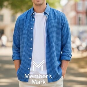 MEMBER'S MARK XL Checkered Blue Stretch Oxford Shirt NEW